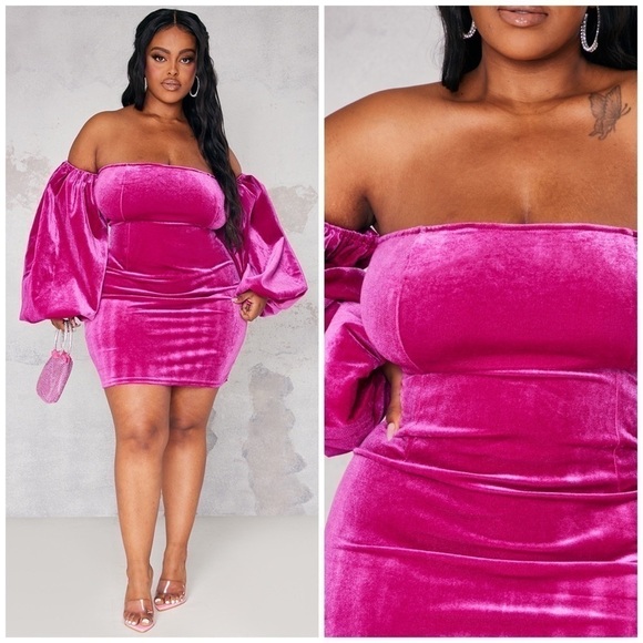 Pretty Little Thing Fuchsia Pink Velvet Puff Sleeve Bodycon Mini Dress Sz 14 XL - Picture 1 of 7
